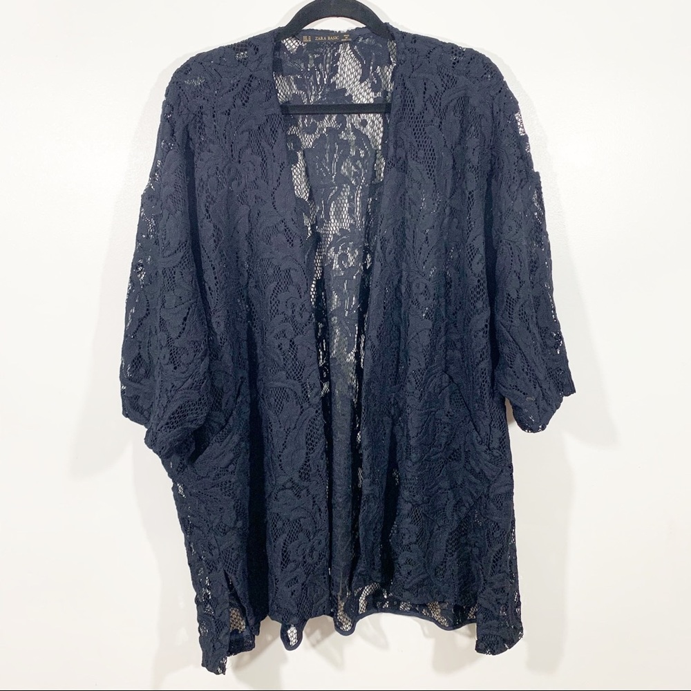 Zara Basic navy knit crochet open front cardigan